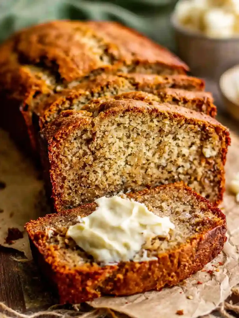 Moist Banana Bread Recipe With Sour Cream 4 Moist Banana Bread Recipe served in slices with butter on top