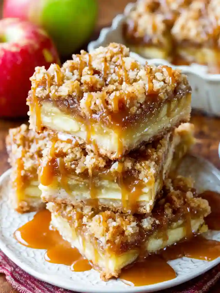 Salted Caramel Apple Pie Bars Recipe 3 Salted Caramel Apple Pie Bars stacked on a plate with caramel drizzle and apple slices in background