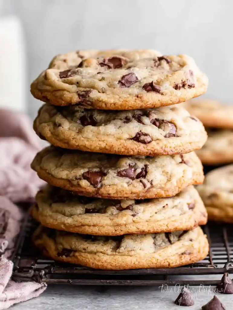 Best Chocolate Chip Cookie Recipe Ever 4 Chocolate chip cookie stack showing thick chewy texture and melted chocolate chunks