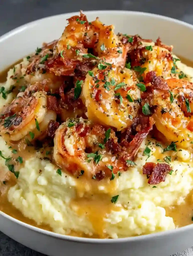 Creamy Garlic Shrimp Over Mashed Potatoes Easy Fancy Dinner 3 Creamy Garlic Shrimp Over Mashed Potatoes topped with gravy, bacon, and fresh herbs