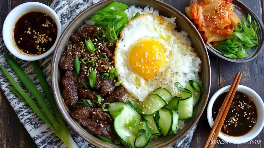 Beef Bulgogi Bowls topped with fried egg, cucumber ribbons, and kimchi