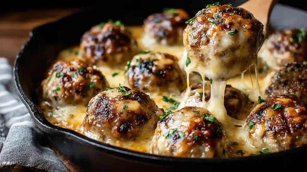 Close-up of cheesy French Onion Meatballs melting in a cast iron skillet