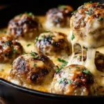 Close-up of cheesy French Onion Meatballs melting in a cast iron skillet