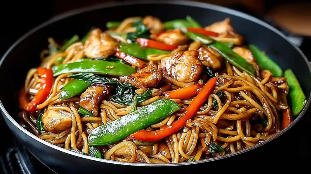 Chicken Lo Mein Recipe with noodles, chicken, and stir-fried vegetables in a bowl