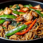 Chicken Lo Mein Recipe with noodles, chicken, and stir-fried vegetables in a bowl
