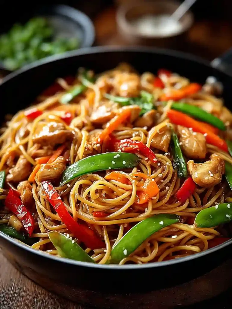 Chicken Lo Mein Recipe featuring noodles, sesame seeds, chicken, and vegetables in a bowl