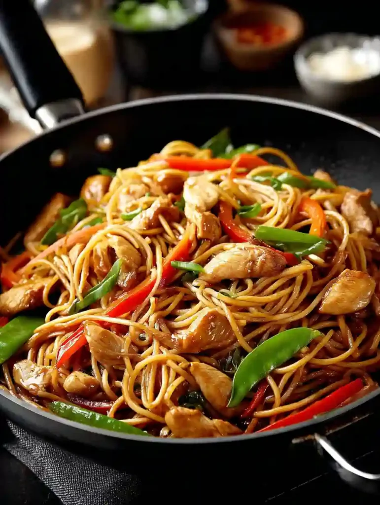 Chicken Lo Mein Recipe with noodles, chicken, snow peas, and bell peppers in a serving pan