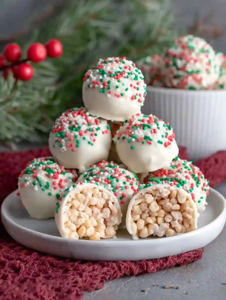 Christmas Rice Crispy Treats coated in white chocolate and decorated with red and green sprinkles