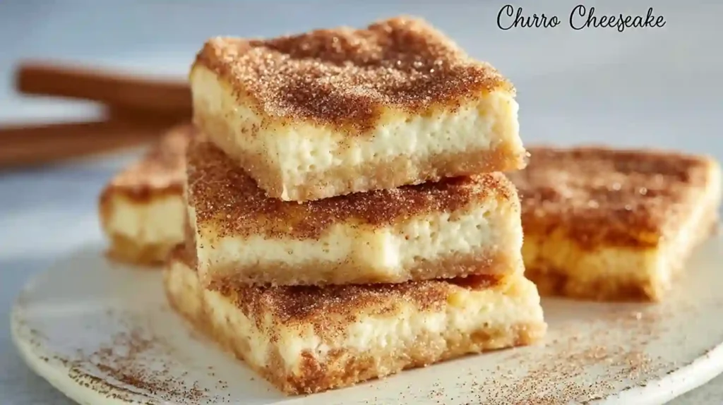 Churro Cheesecake Bars stacked on a plate with cinnamon sugar topping