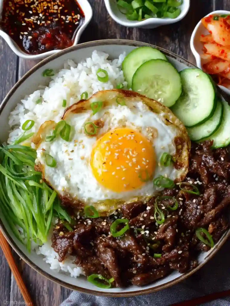 Beef Bulgogi Bowls with sunny-side-up egg, white rice, cucumber, and kimchi