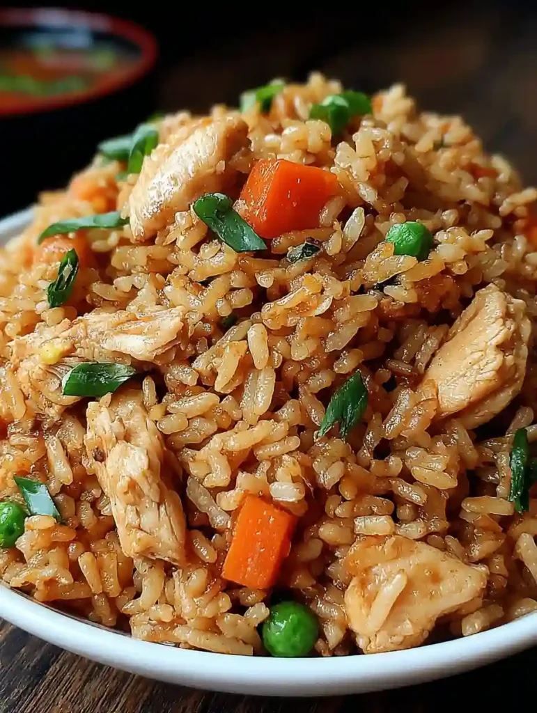 Garlic chicken fried rice in a white bowl with carrots, peas, green onions, and tender chicken pieces