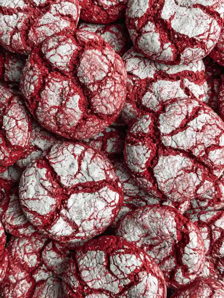 Irresistible Red Velvet Cake Cookies With Cake Mix 2 Overhead view of a large batch of Red Velvet Cake Cookies with powdered sugar cracks