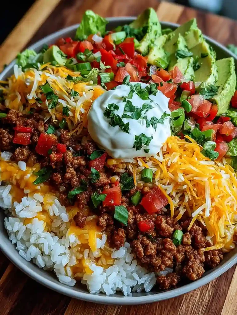 Taco Rice Bowl topped with seasoned beef, shredded cheese, avocado, sour cream, and fresh herbs