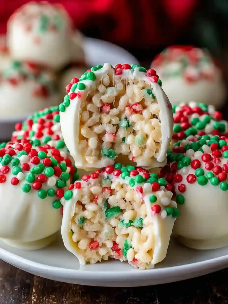 Christmas Rice Crispy Treats filled with colorful sprinkles and coated in white chocolate