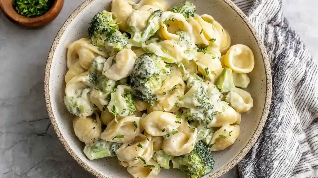 Creamy Broccoli Pasta served in a bowl with rich garlic Parmesan sauce