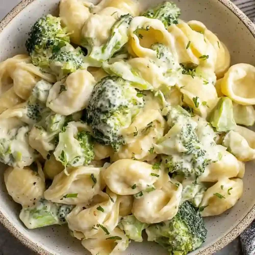Creamy Broccoli Pasta served in a bowl with rich garlic Parmesan sauce