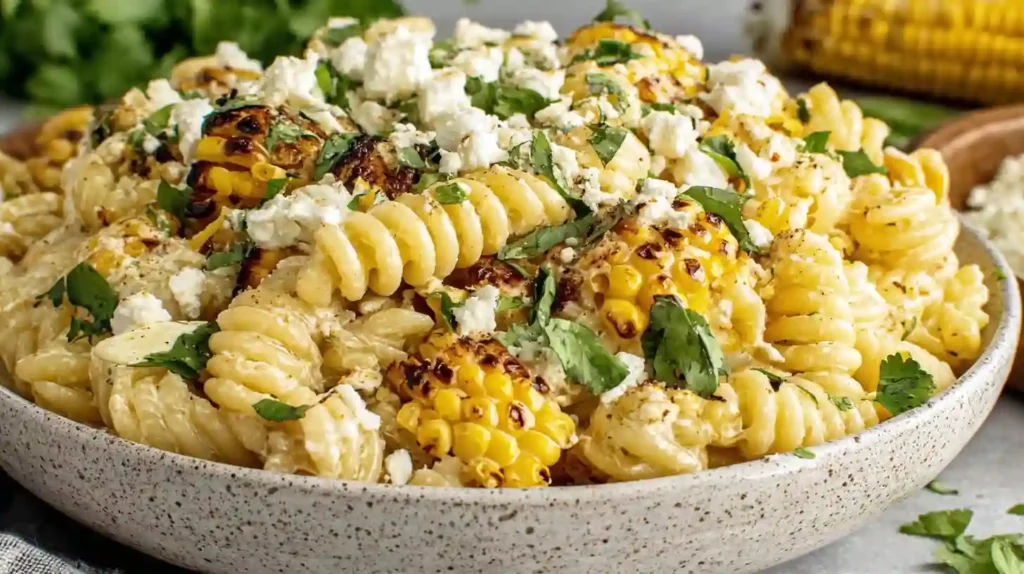 Close-up of creamy Street Corn Pasta Salad with grilled corn and fresh cilantro