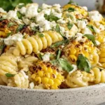 Close-up of creamy Street Corn Pasta Salad with grilled corn and fresh cilantro
