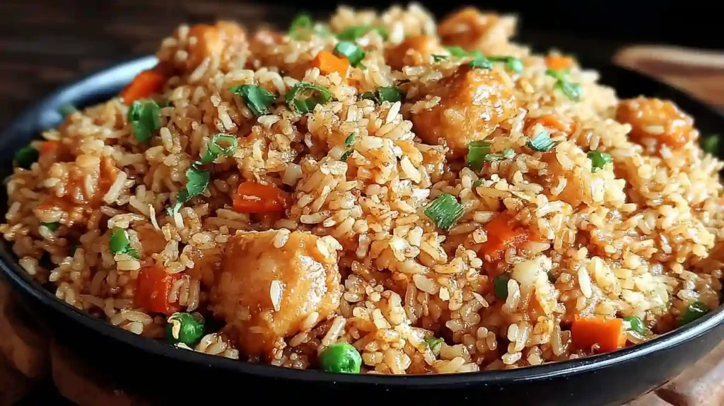 A close-up of garlic chicken fried rice with crispy chicken pieces, peas, and carrots in a black bowl
