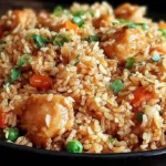 A close-up of garlic chicken fried rice with crispy chicken pieces, peas, and carrots in a black bowl