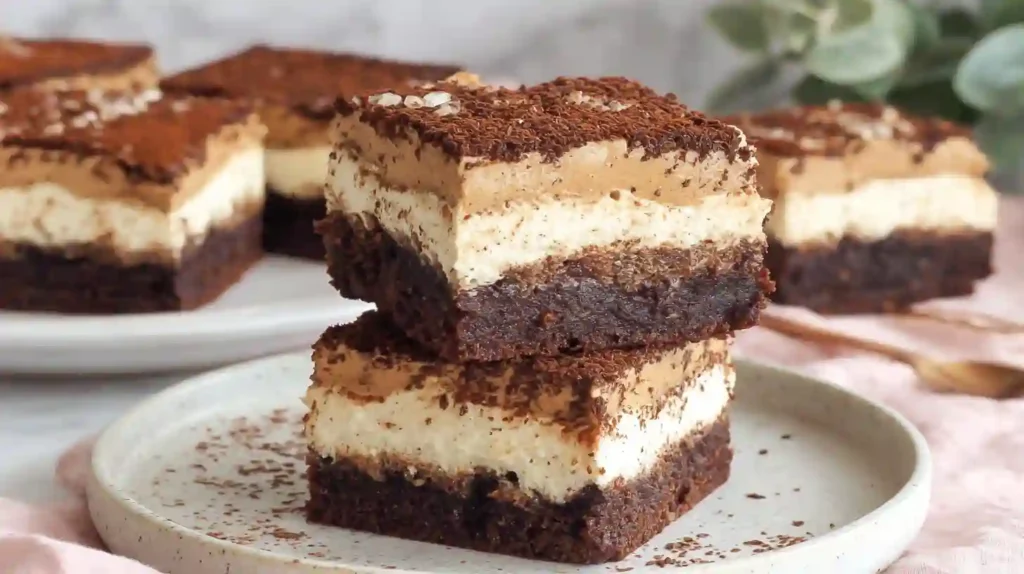 Close-up of rich tiramisu brownies with creamy mascarpone and fudgy espresso chocolate base