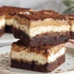Close-up of rich tiramisu brownies with creamy mascarpone and fudgy espresso chocolate base