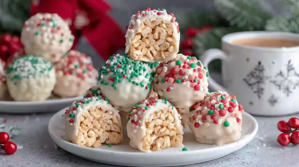 Christmas Rice Crispy Treats stacked on a plate with white chocolate and holiday sprinkles