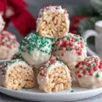 Christmas Rice Crispy Treats stacked on a plate with white chocolate and holiday sprinkles