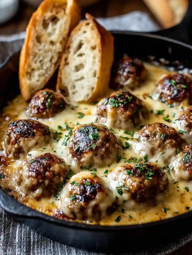 French Onion Meatballs in a skillet with melted cheese and bread slices