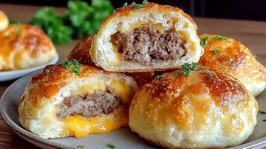 Close up of Garlic Parmesan Cheeseburger Bombs with melted cheese inside golden biscuit dough
