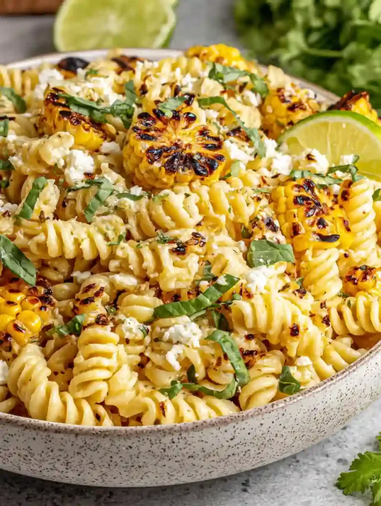 Healthy Street Corn Pasta Salad Recipe 3 Street Corn Pasta Salad with grilled corn rounds, rotini pasta, lime, and cheese