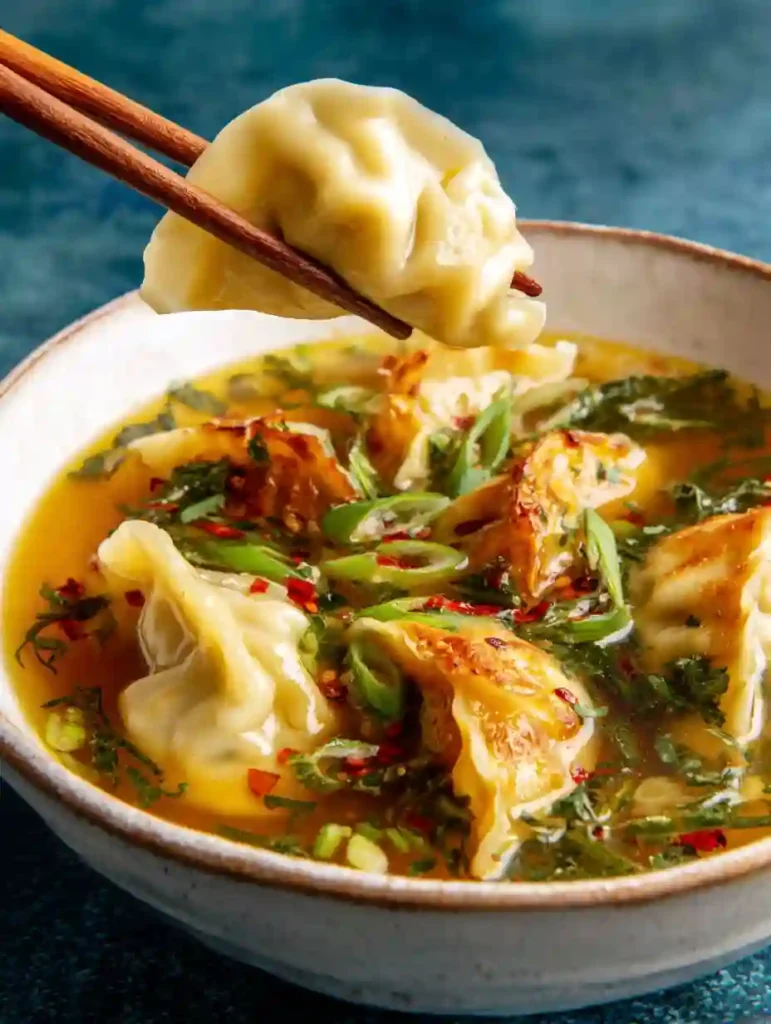 Gyoza soup with golden dumplings lifted by chopsticks