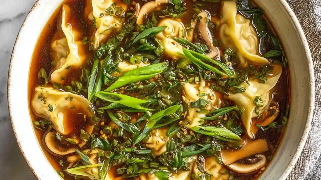 Gyoza soup topped with fresh herbs in a light soy broth