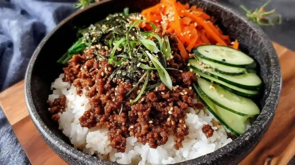 Korean Ground Beef Bulgogi served over rice with sliced cucumber, carrots, and sesame seeds