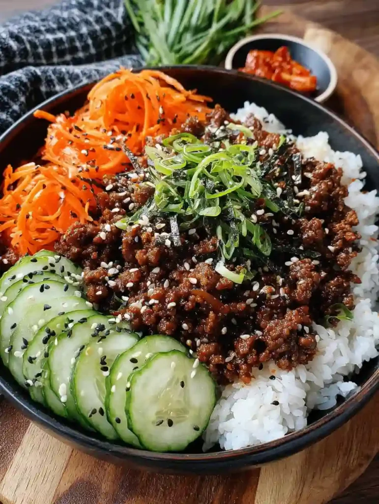Korean Ground Beef Bulgogi topped with green onions, cucumbers, carrots, and sesame seeds over white rice