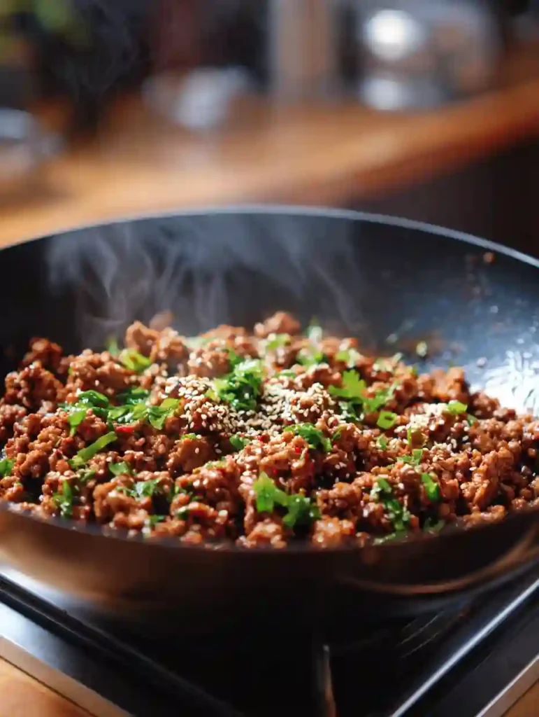 Korean Ground Beef Bulgogi cooking in a hot skillet with steam rising and garnished with sesame seeds and herbs