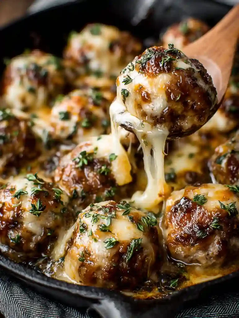 French Onion Meatballs topped with cheese and herbs in a skillet