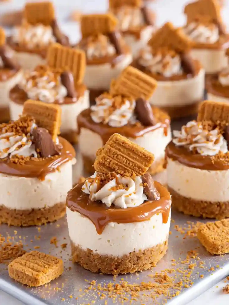 Mini Biscoff Cheesecakes Recipe 2 Mini Biscoff cheesecakes topped with whipped cream, cookie crumbs, and chocolate pieces