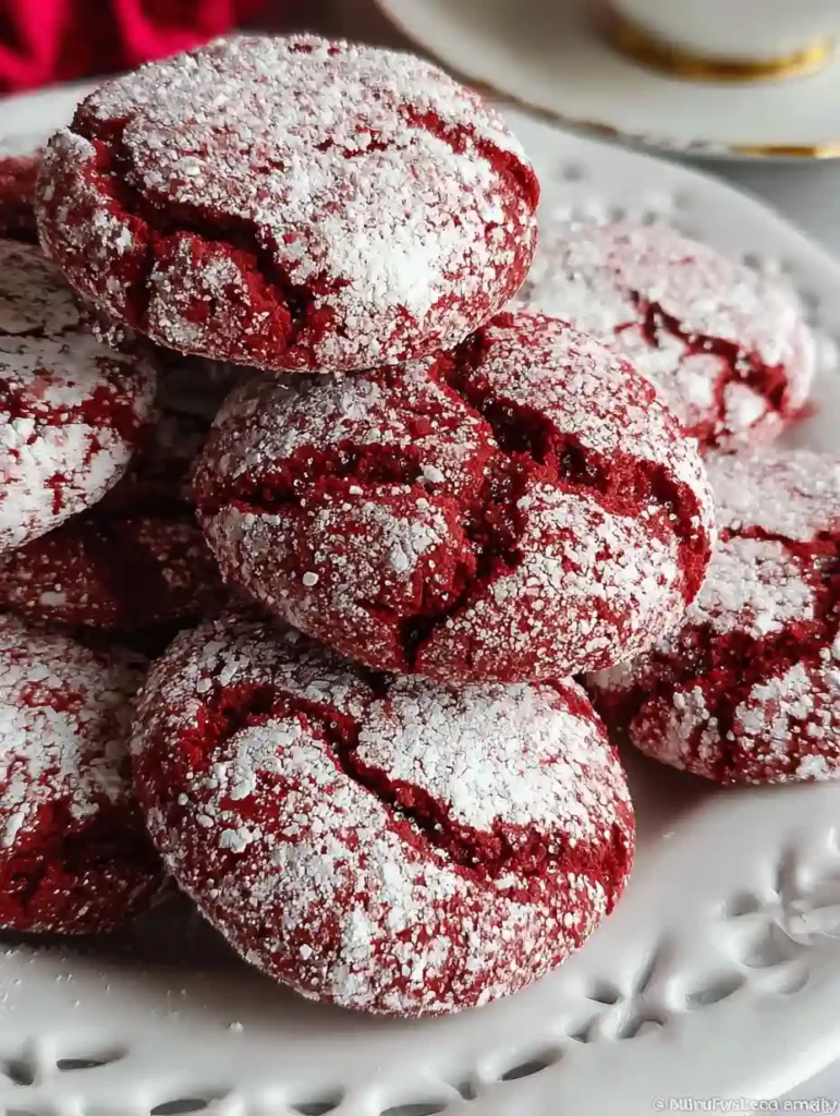 Irresistible Red Velvet Cake Cookies With Cake Mix 3 Stack of Red Velvet Cake Cookies dusted with powdered sugar on a white plate