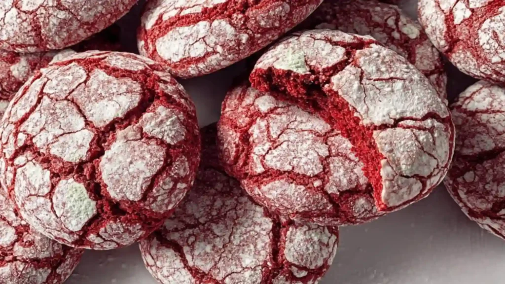 Close-up of Red Velvet Cake Cookies with powdered sugar crinkle tops
