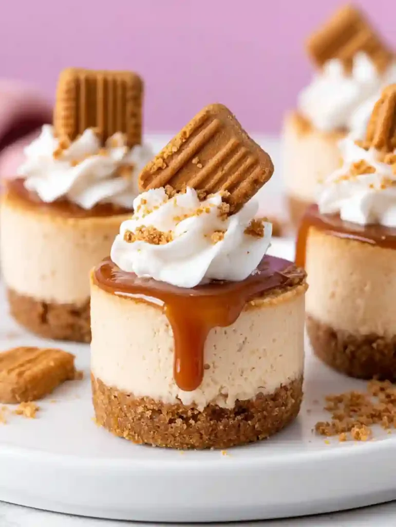 Mini Biscoff Cheesecakes Recipe 3 Mini Biscoff cheesecakes topped with whipped cream and caramel cookie butter drizzle