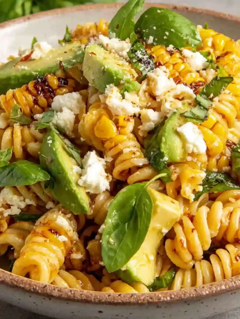 Healthy Street Corn Pasta Salad Recipe 2 Close-up of Street Corn Pasta Salad with avocado, basil, grilled corn, and feta cheese