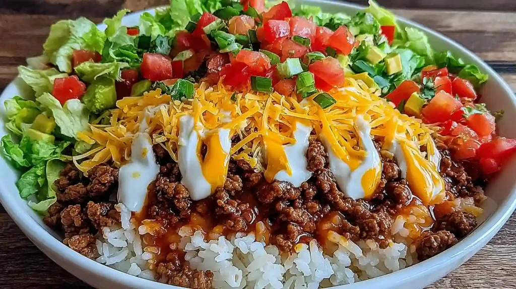 Taco Rice Bowl loaded with seasoned beef, shredded cheese, lettuce, and salsa