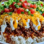 Easy Taco Rice Bowl Recipe 10 Taco Rice Bowl loaded with seasoned beef, shredded cheese, lettuce, and salsa