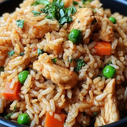 Garlic chicken fried rice with juicy chicken strips, peas, carrots, and fresh herbs in a black bowl