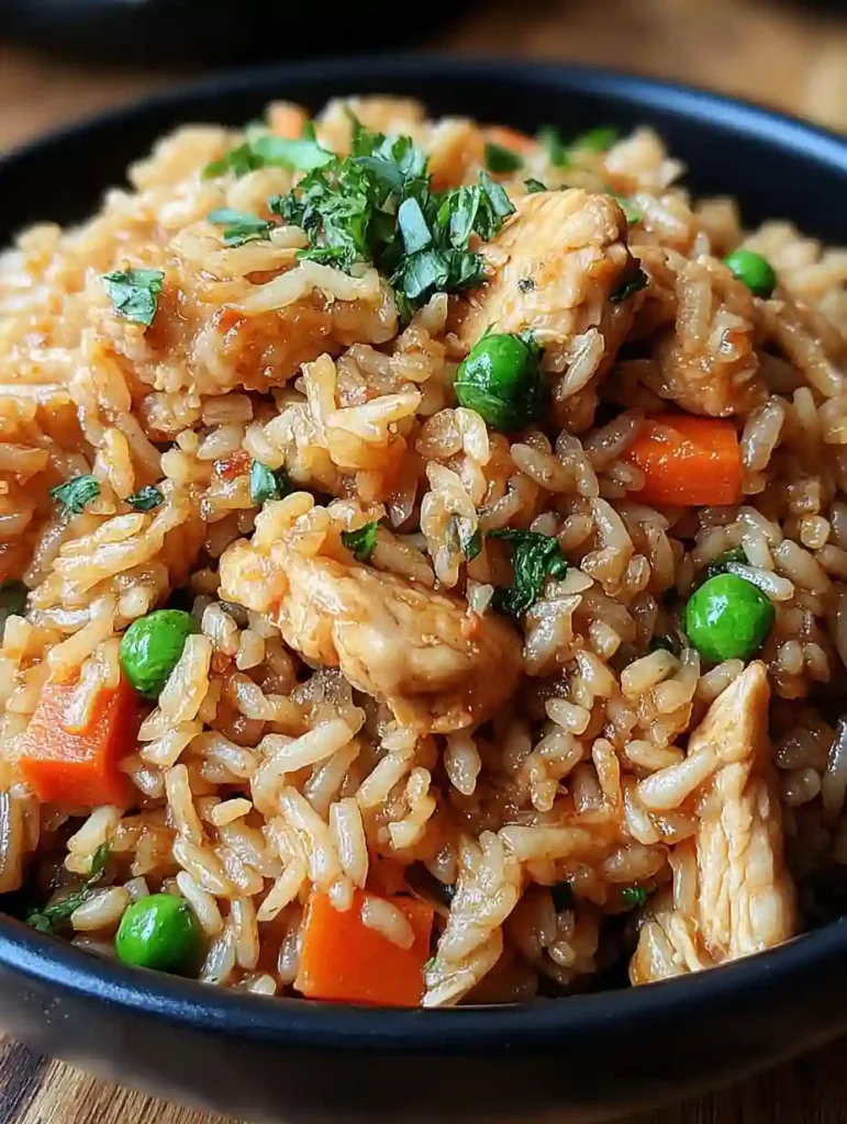 Garlic chicken fried rice with juicy chicken strips, peas, carrots, and fresh herbs in a black bowl