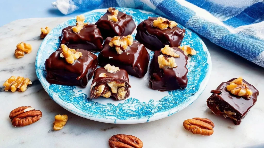 Delicious chocolate covered pecan caramels with nuts and caramel filling