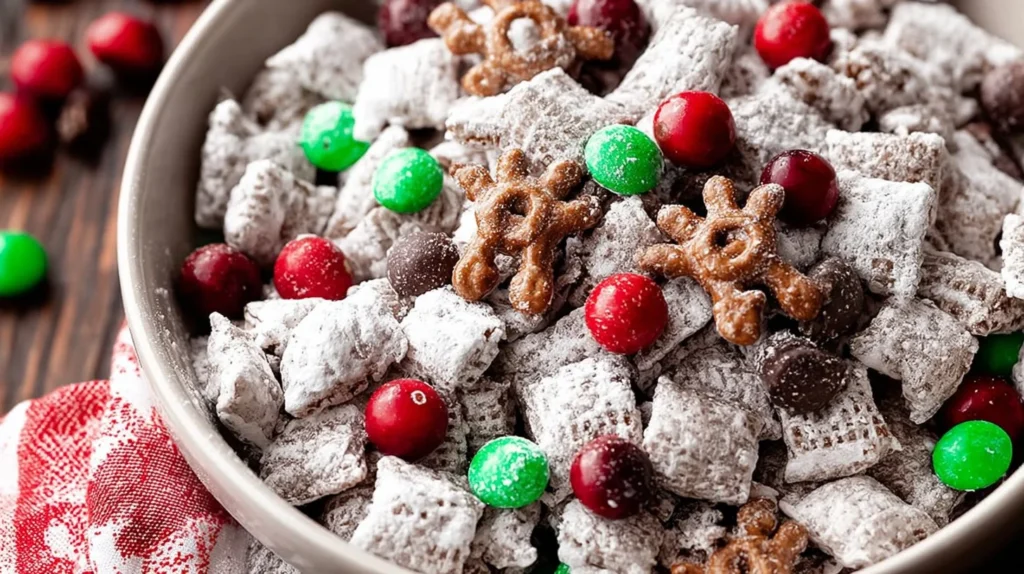 Festive Reindeer Food Recipe Christmas Puppy Chow in a bowl with decorations