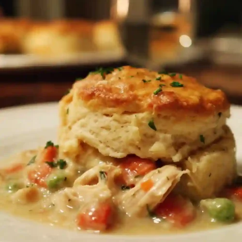 Red Lobster Biscuit Chicken Pot Pie with tender chicken, vegetables, and a golden biscuit served hot on a white plate