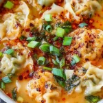 Deconstructed Wonton Soup in a rustic bowl, topped with scallions and chili oil flakes